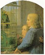 Georg Friedrich Kersting Zwei Kinder vor einem Papageienbauer painting